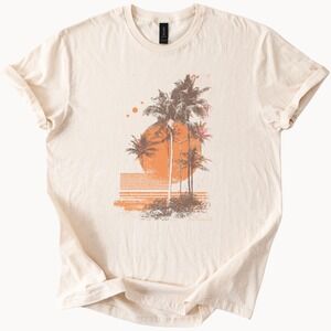 Retro Synthwave Sunset Graphic Tee Palm Tree Silhouette Natural